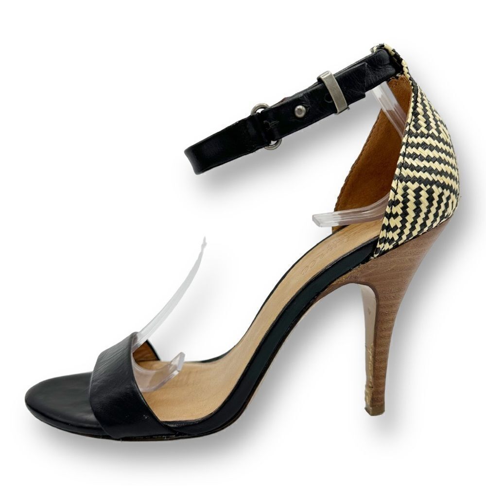 EUC Madewell Marcel Black Leather Sandals w/Woven Raffia Heels Sz 8.5
